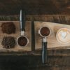 flat lay coffee beans and accessories