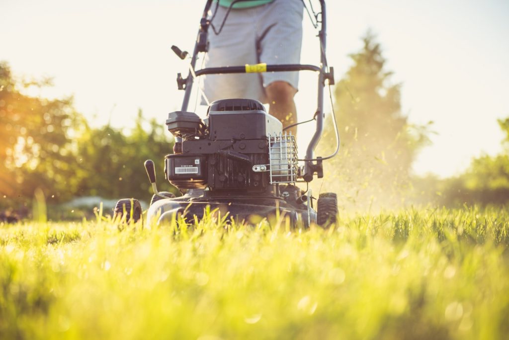 man cutting grass with a lawn mower in focus