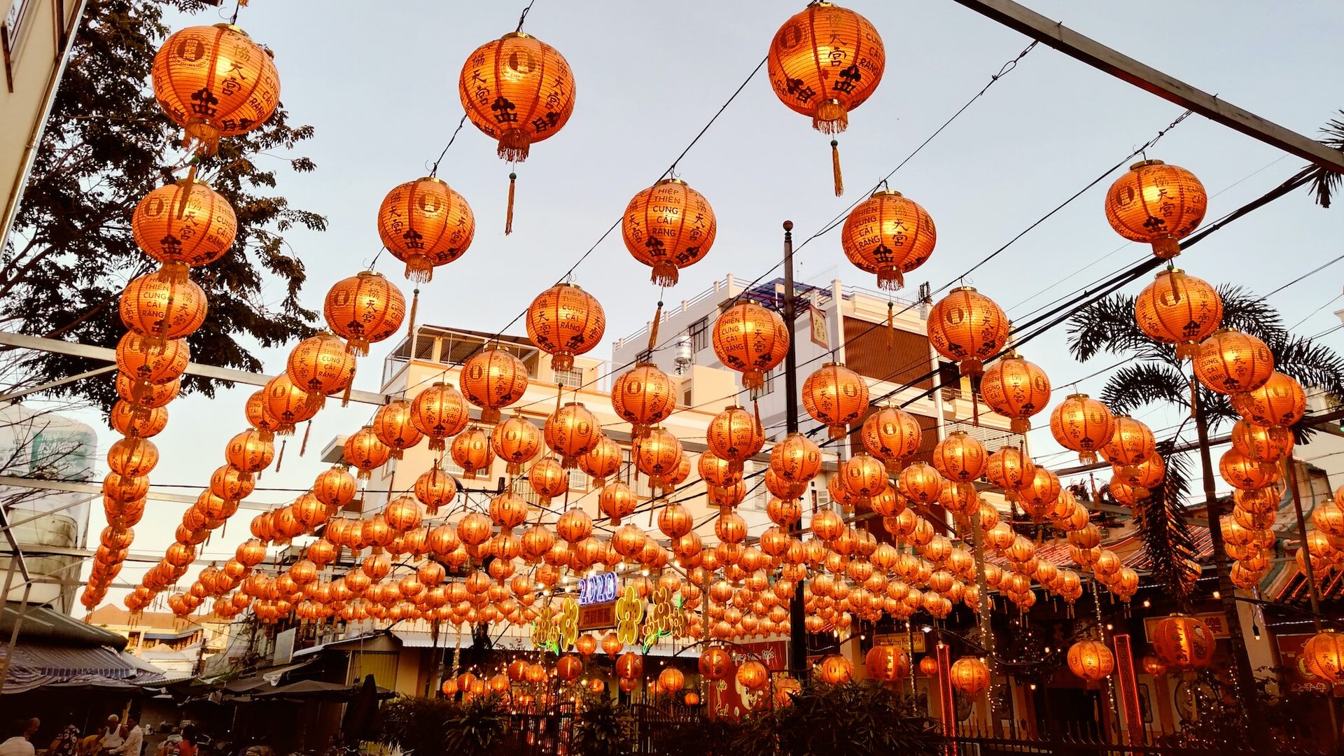 Dozens of hanging Chinese lanterns