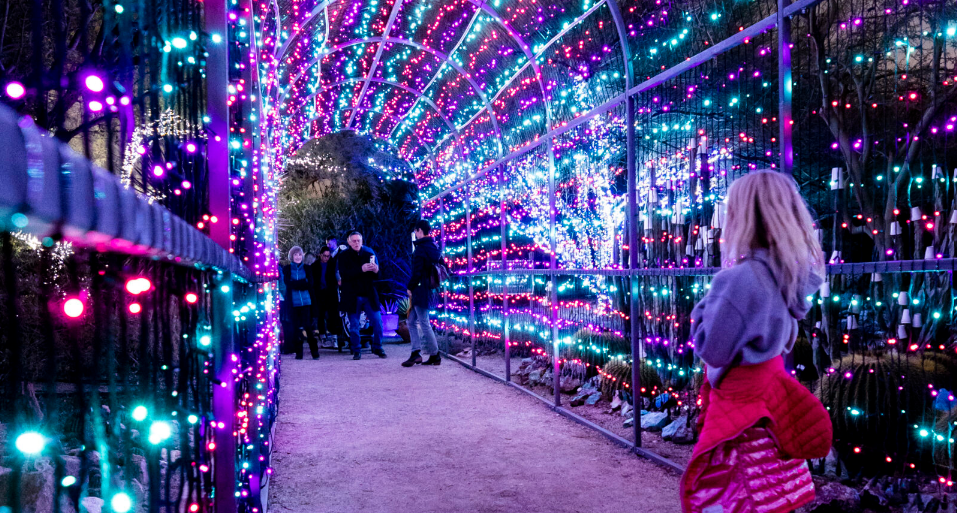 Girl looking through a tunnel of festive lights